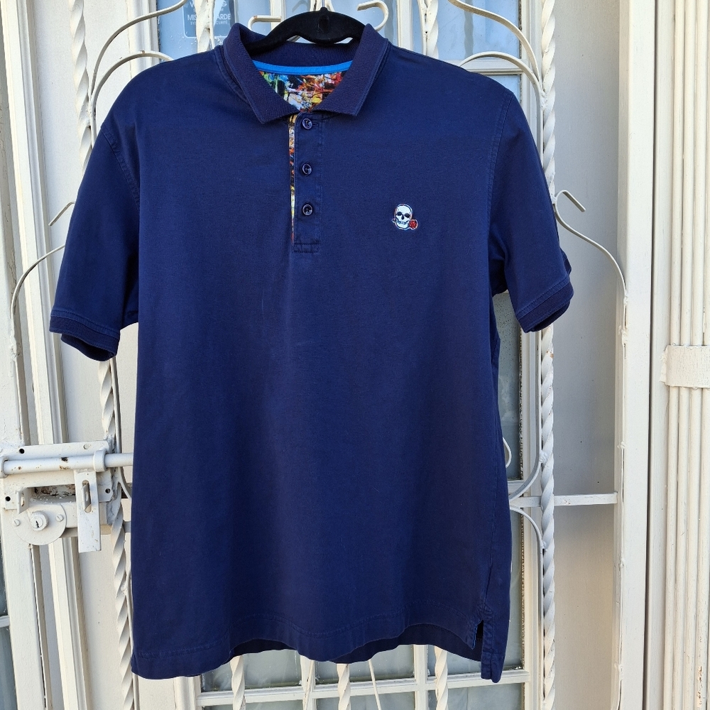 Robert Graham Embroidered Skull with Rose Navy Cotton Polo Shirt  Men Size Large - Picture 5 of 16